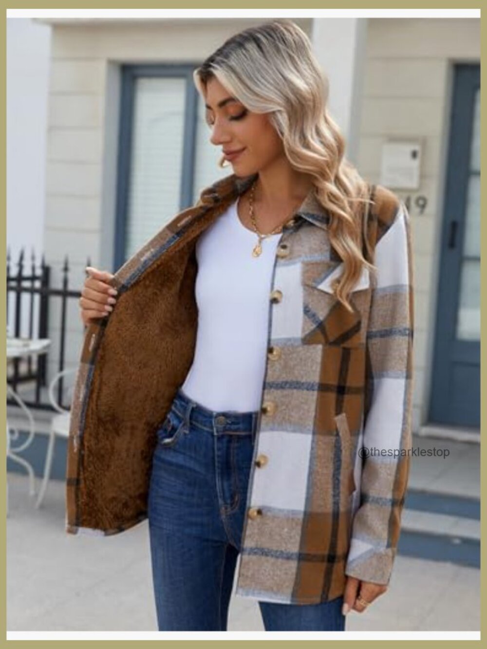 Women's Fleece Sherpa Jacket Long Sleeve Button Down Flannel Shacket Coat with - Picture 2 of 7